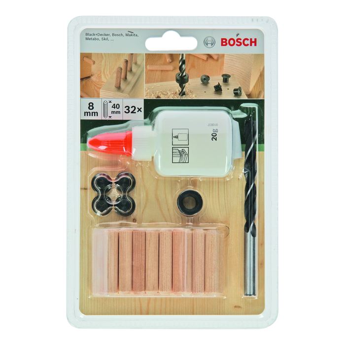 BOSCH Set 25 de dibluri 8 mm + 4 marcatoare + opritor + burghiu lemn 8 mm