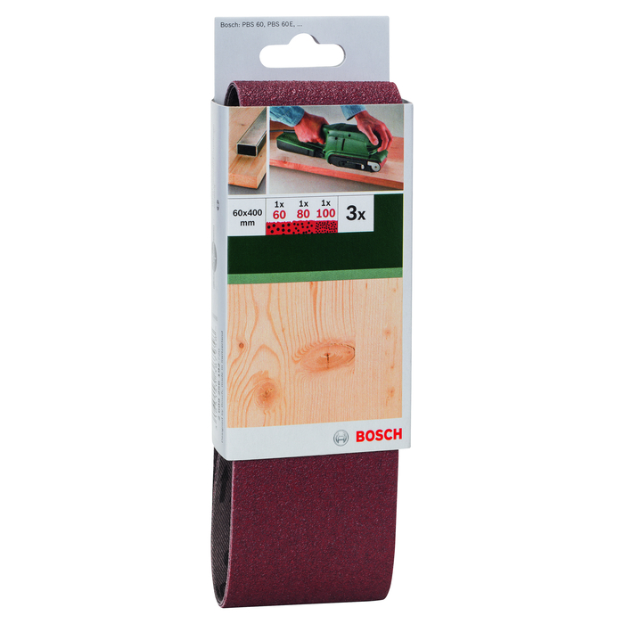 BOSCH Set benzi de şlefuire, 3 buc., pentru şlefuitor cu bandă, sortiment roşuG= 60, 80, 100