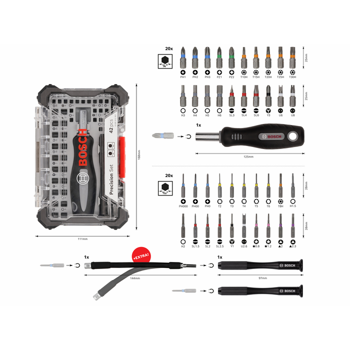 BOSCH Casetă 43 piese cu biți Precision, Display 