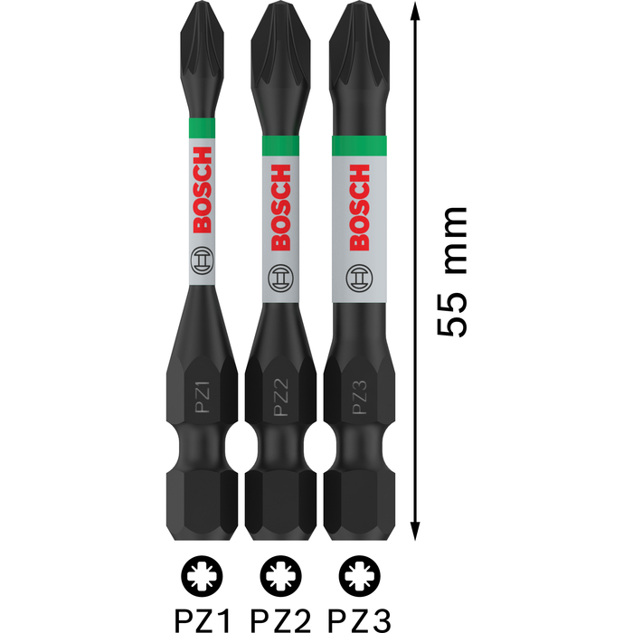BOSCH Biți de înșurubare PRO PZ Impact, PZ1, PZ2, PZ3, 55 mm, 3 buc.