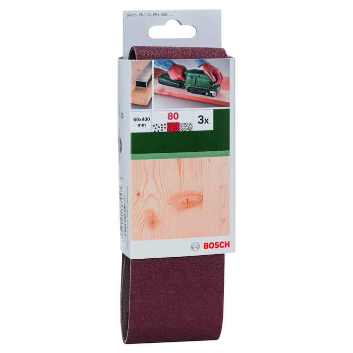 BOSCH Set benzi de şlefuire, 3 buc., pentru şlefuitor cu bandă, sortiment roşuG= 80