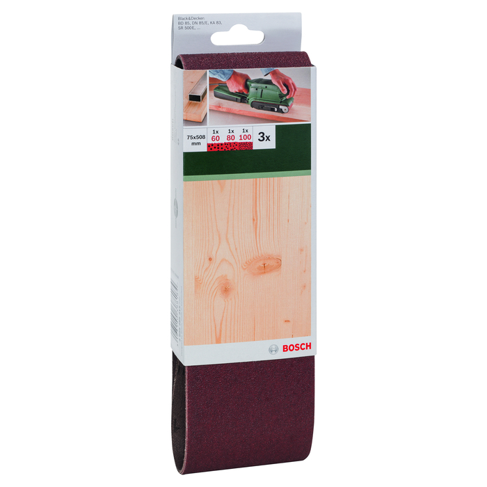 BOSCH Set benzi de şlefuire, 3 buc., pentru şlefuitor cu bandă, sortiment roşuG= 60, 80, 100