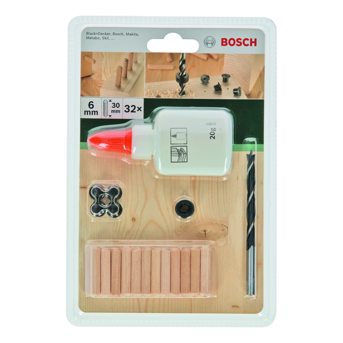 BOSCH Set 25 de dibluri 6 mm + 4 marcatoare + opritor + burghiu lemn 6 mm