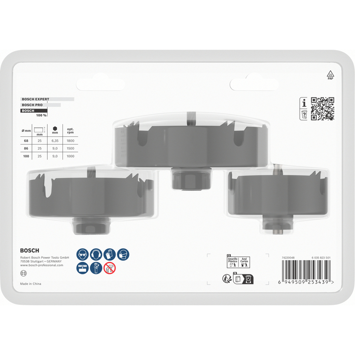 BOSCH Set Carote Lemn si gipscarton cu burghiu centrare, 68; 86; 100 x 27 mm