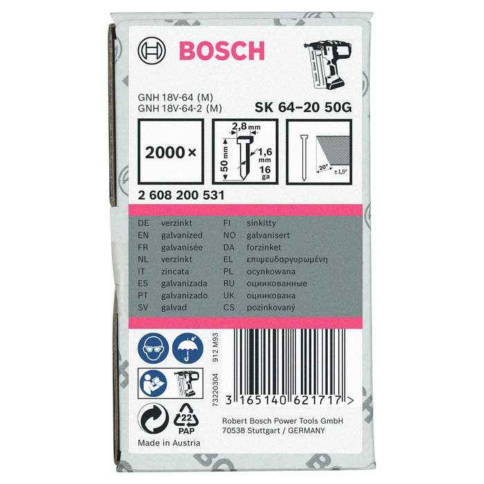 BOSCH Set 2000 cuie galvanizate SK64-20 G, 1.6x2.8x1.35x50 mm pentru GNH