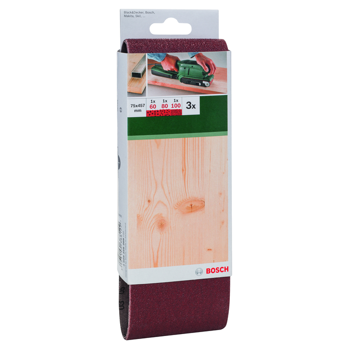 BOSCH Set benzi de şlefuire, 3 buc., pentru şlefuitor cu bandă, sortiment roşuG= 60, 80, 100